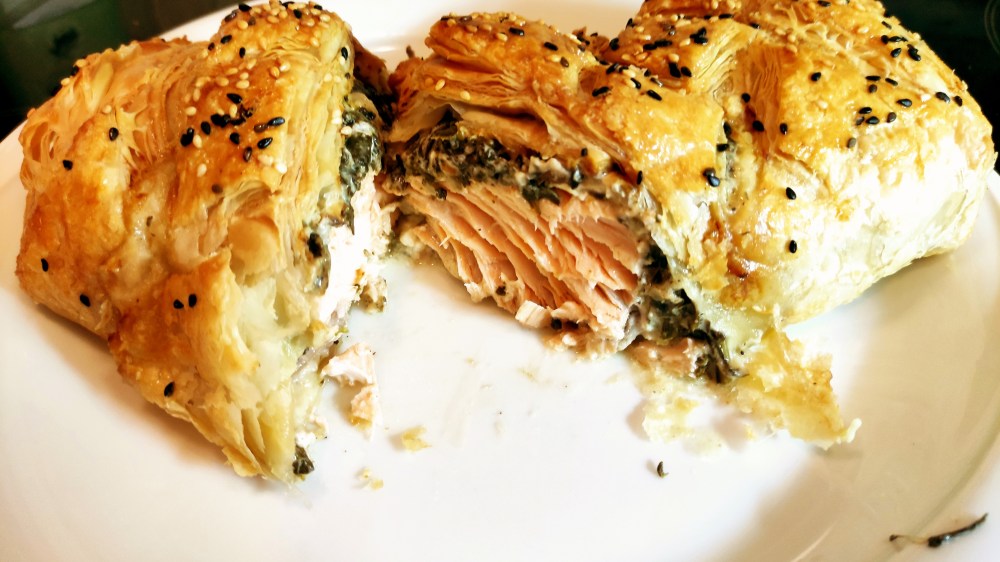 Quick Oven and Air Fryer Salmon Fillet with Spinach and Feta in Puff Pastry