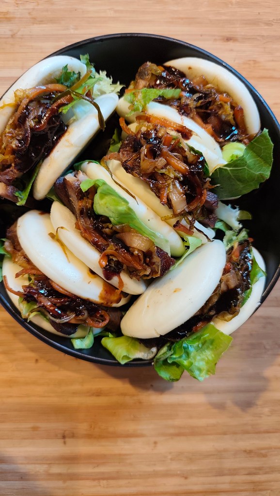 5 Spice Pork Neck Bao Buns with Glazed Vegetables